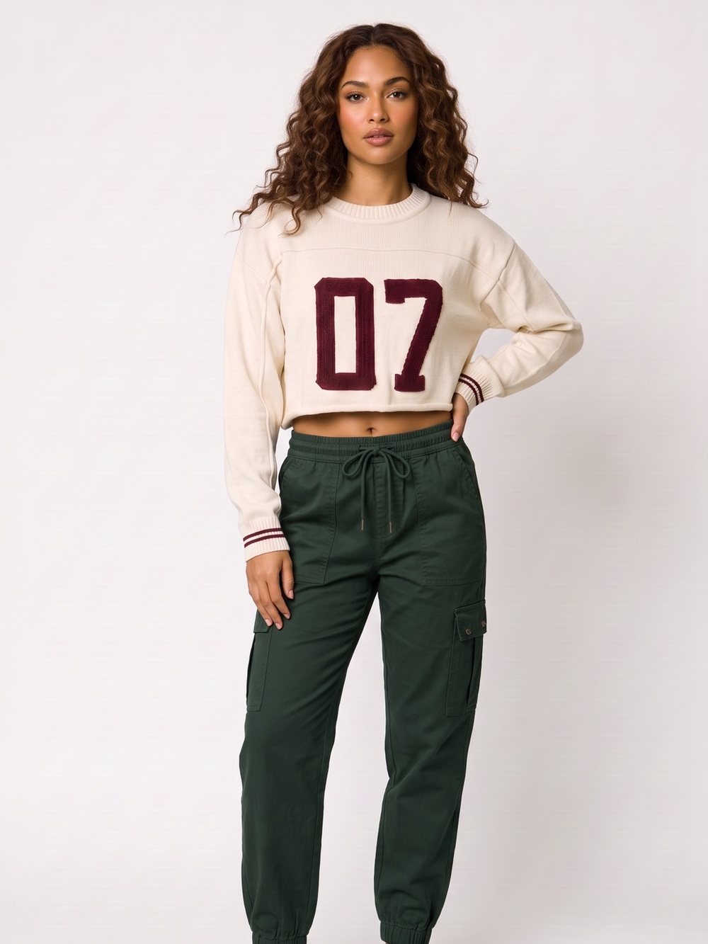 Urban Nation Cream Varsity Cropped Sweater 07 Maroon Knit Athletic Preppy Size L